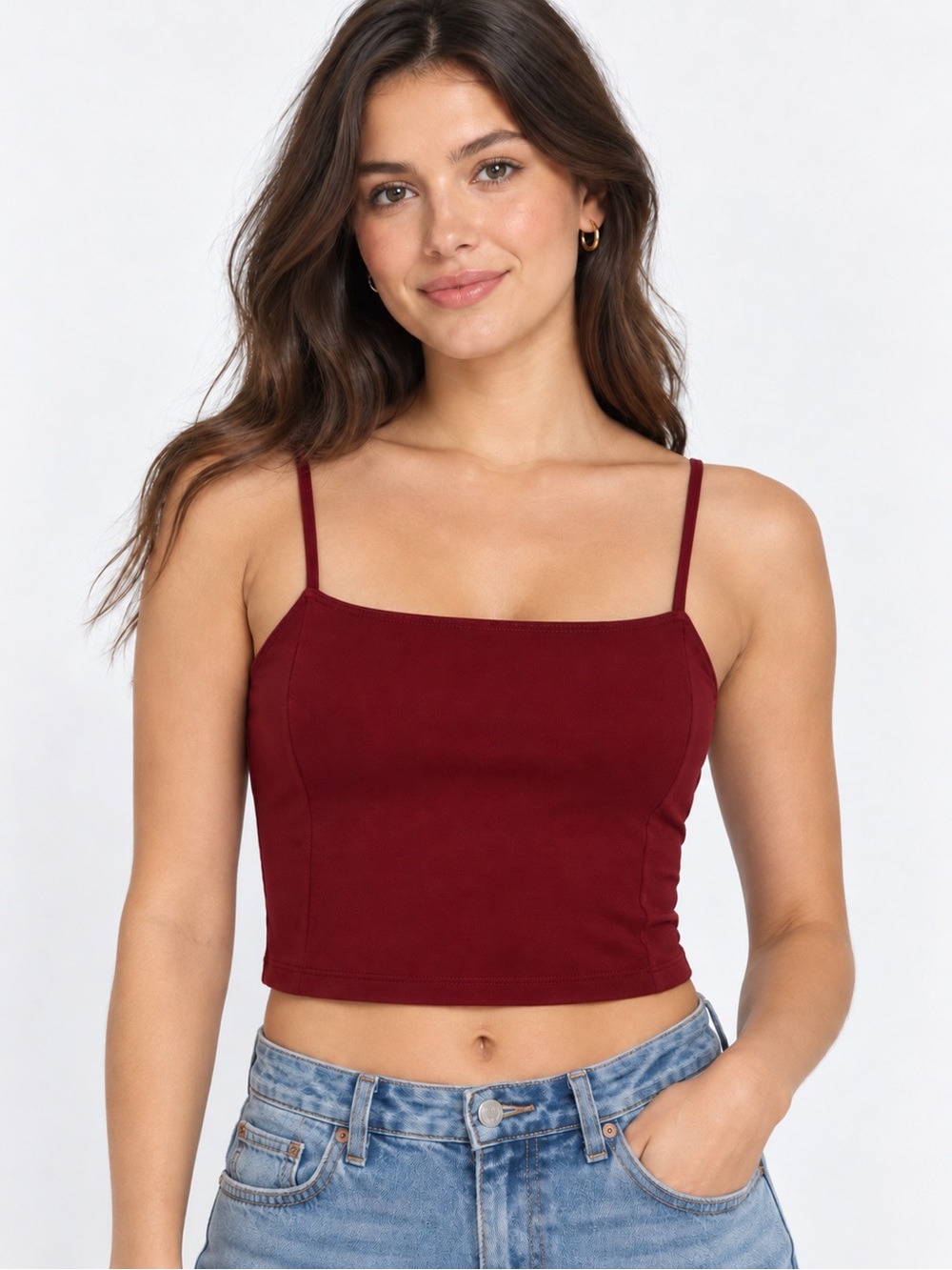 Express Double-Strap Square Neck Crop Top - Burgundy